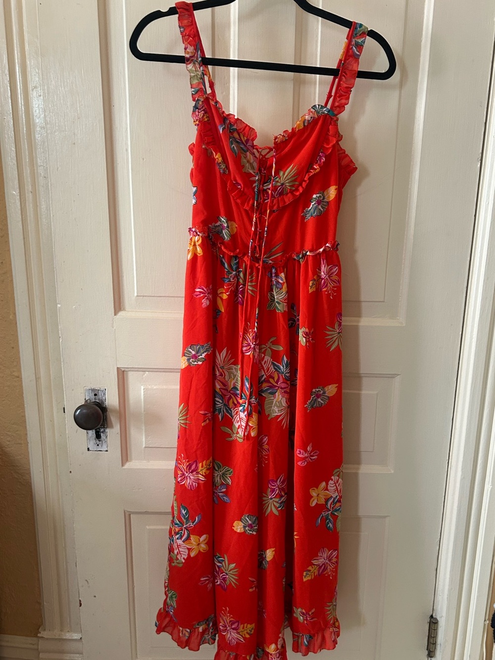 Current Air red Orange Floral sundress wide leg jumpsuit romper ruffle trim S